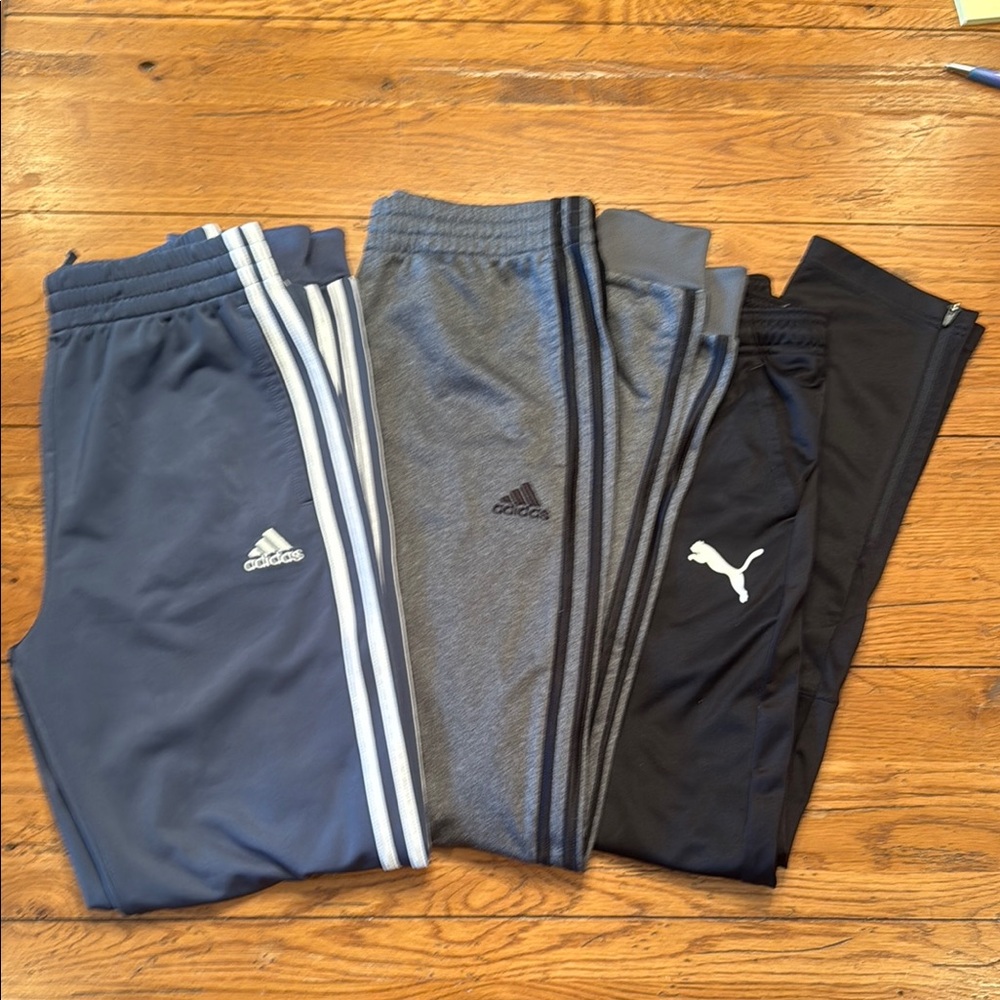 3 pair boys pants - Adidas - Puma - Steel gray/blue, Gray, & Black Youth 14/16